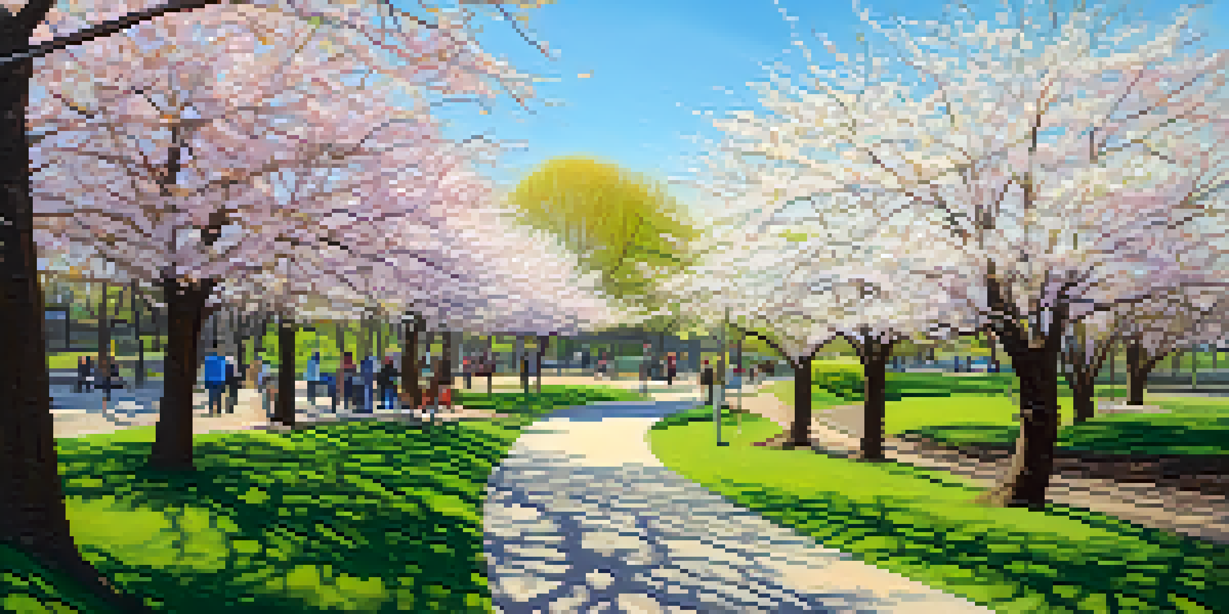 A picturesque scene of Branch Brook Park in Newark filled with blooming cherry blossoms, a winding path, and people enjoying the park under a clear blue sky.
