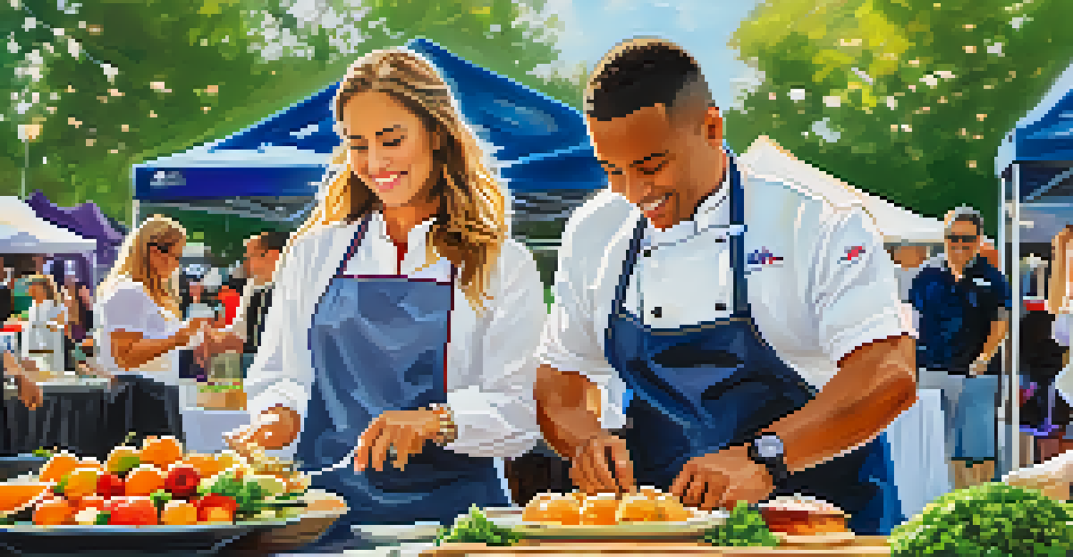 A bustling food festival in Newark with chefs demonstrating cooking, colorful dishes displayed on tables, and attendees enjoying the vibrant atmosphere.