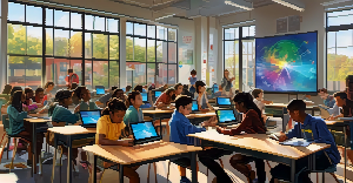 A vibrant classroom with diverse students using tablets and virtual reality devices, engaged in collaborative learning.