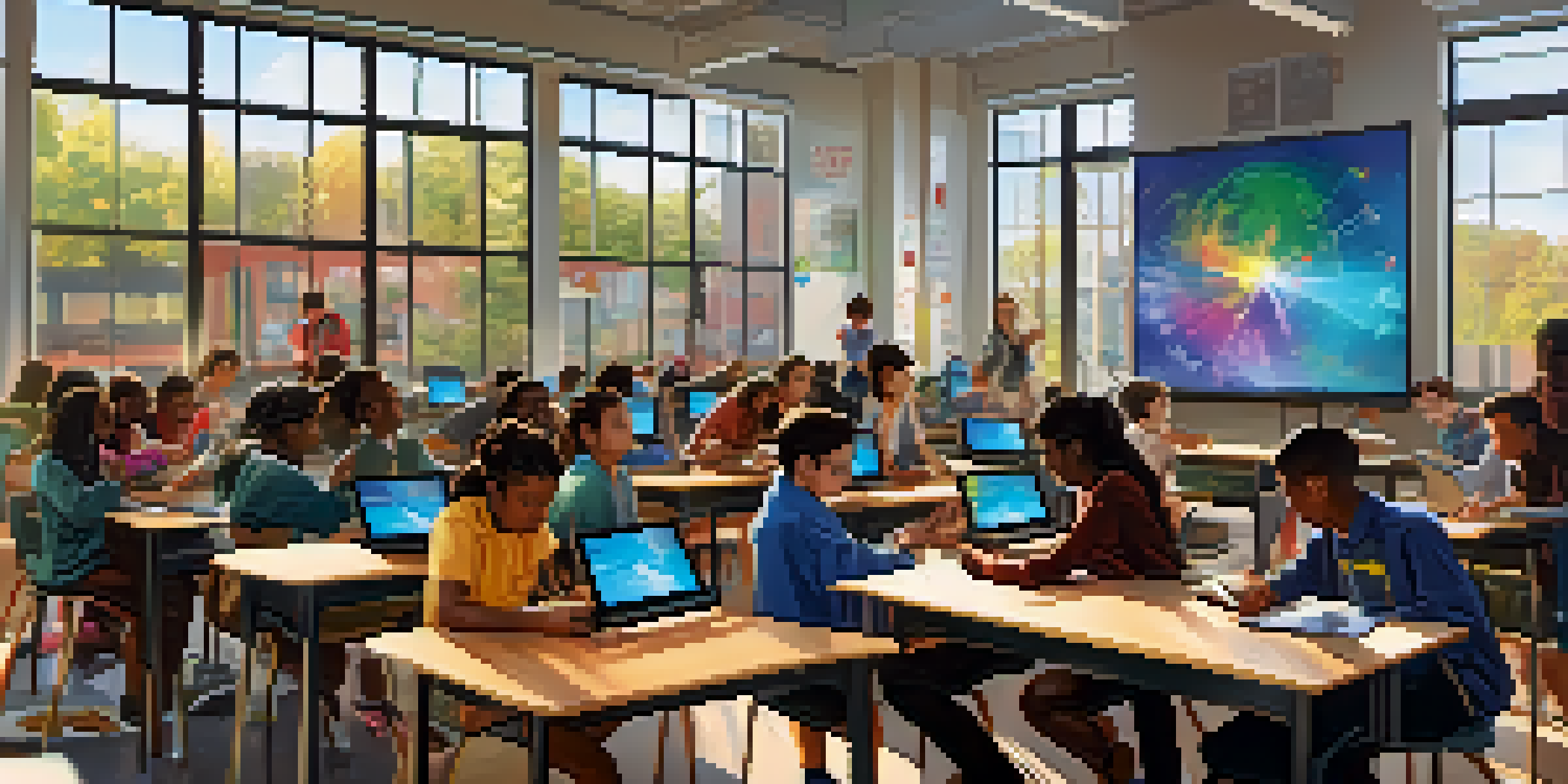 A vibrant classroom with diverse students using tablets and virtual reality devices, engaged in collaborative learning.