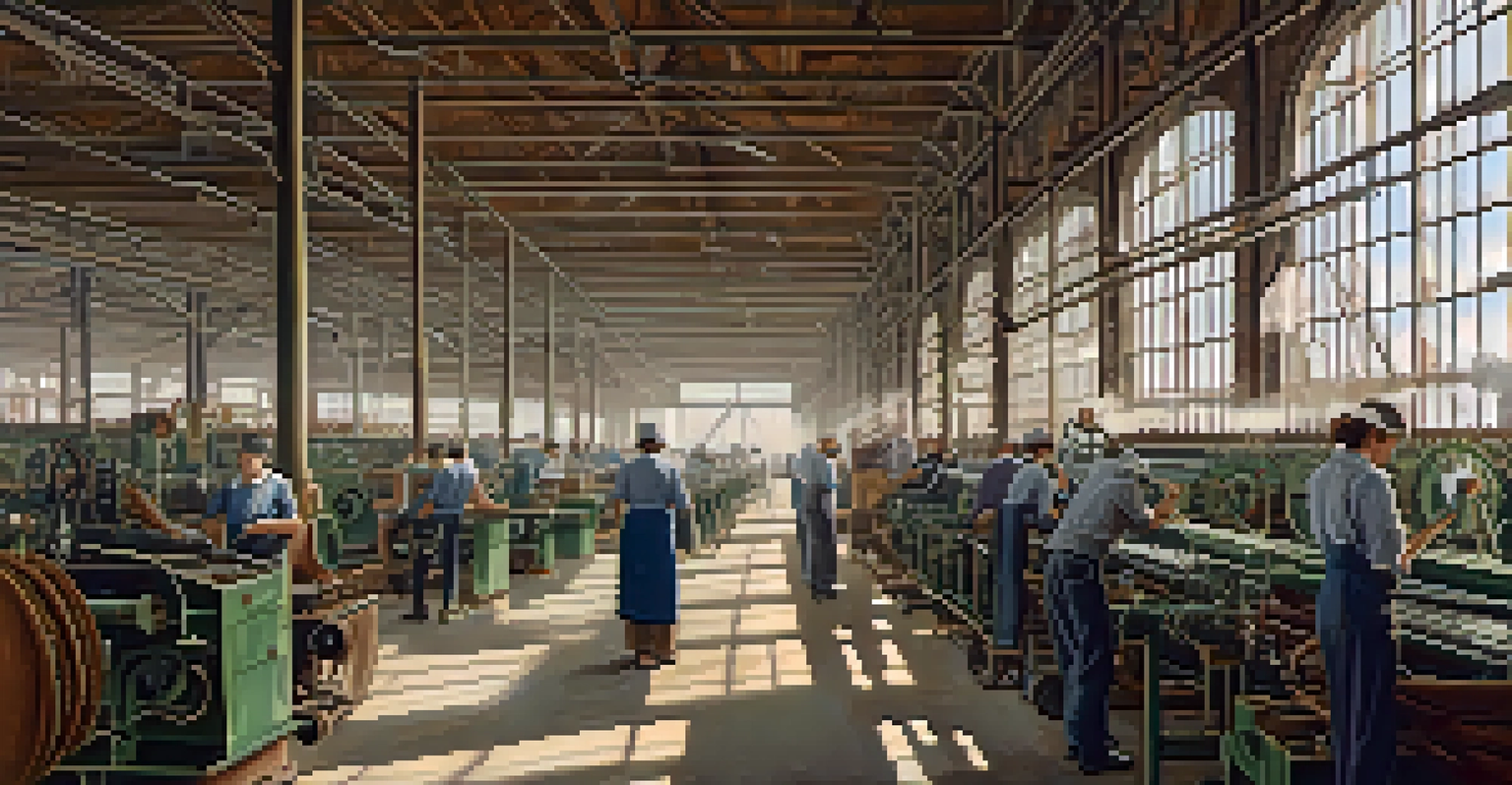 Inside a textile factory in Newark, showing workers at looms with sunlight filtering through windows.