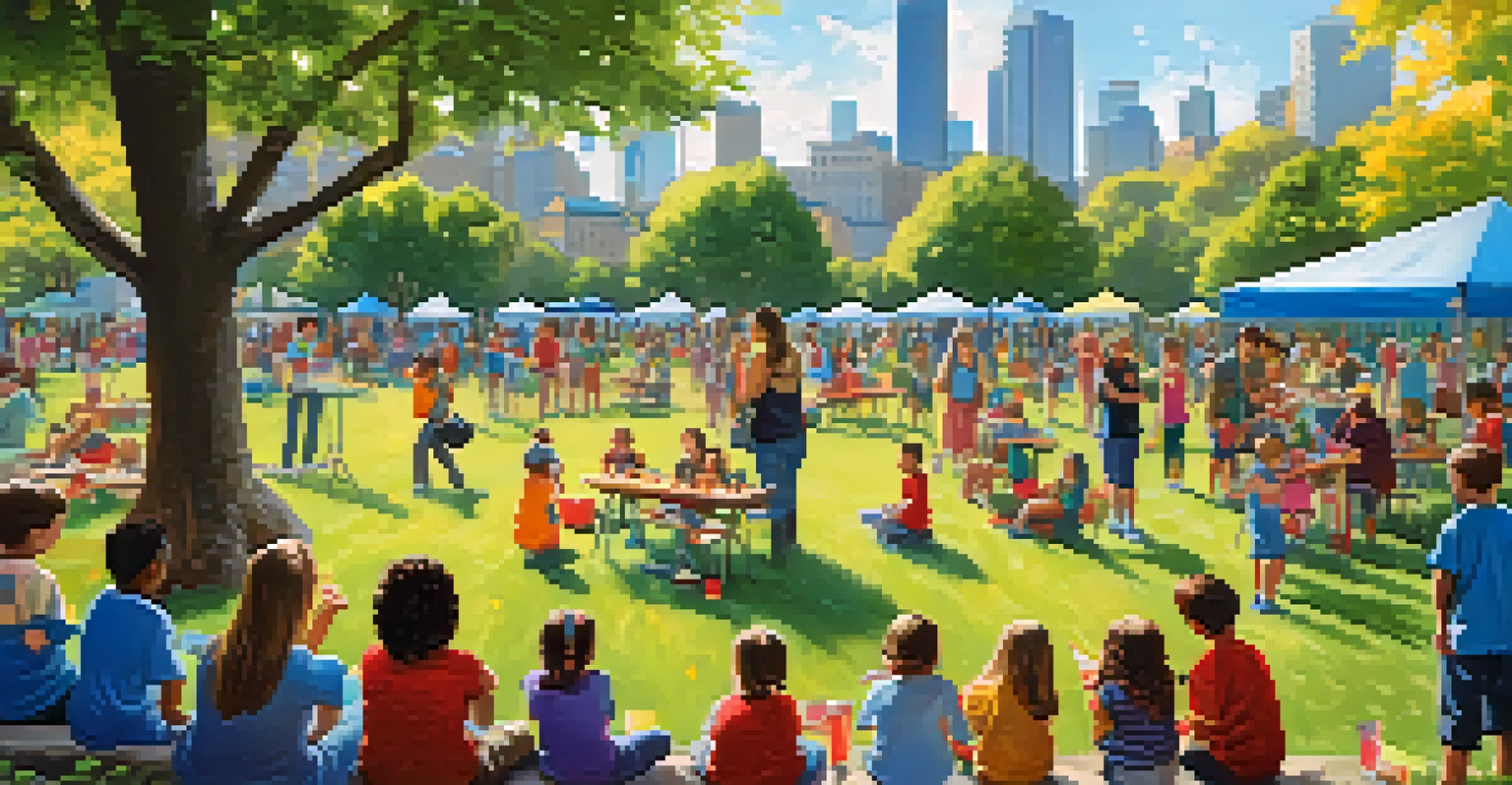 A community art workshop in a park with children and adults engaging in creative activities, surrounded by trees and a city skyline.