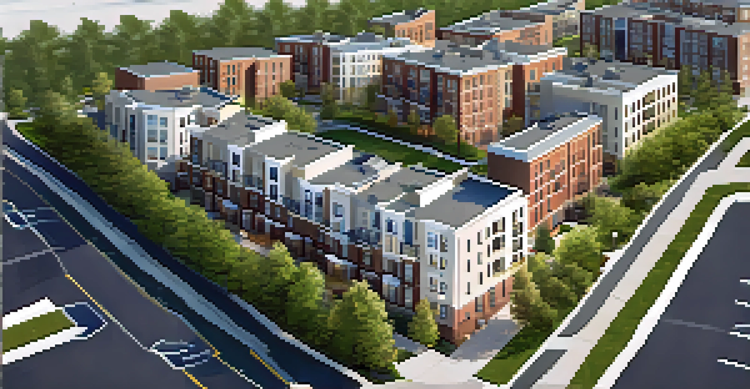 Aerial view of a mixed-use neighborhood in Newark, combining residential, retail, and community spaces with green areas.