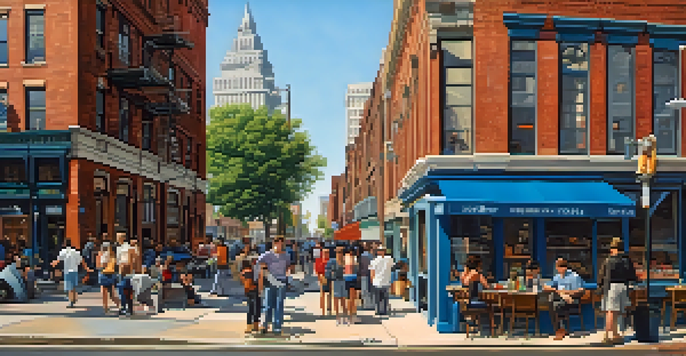 A vibrant city scene in Newark with people working on laptops and historical buildings in the background.