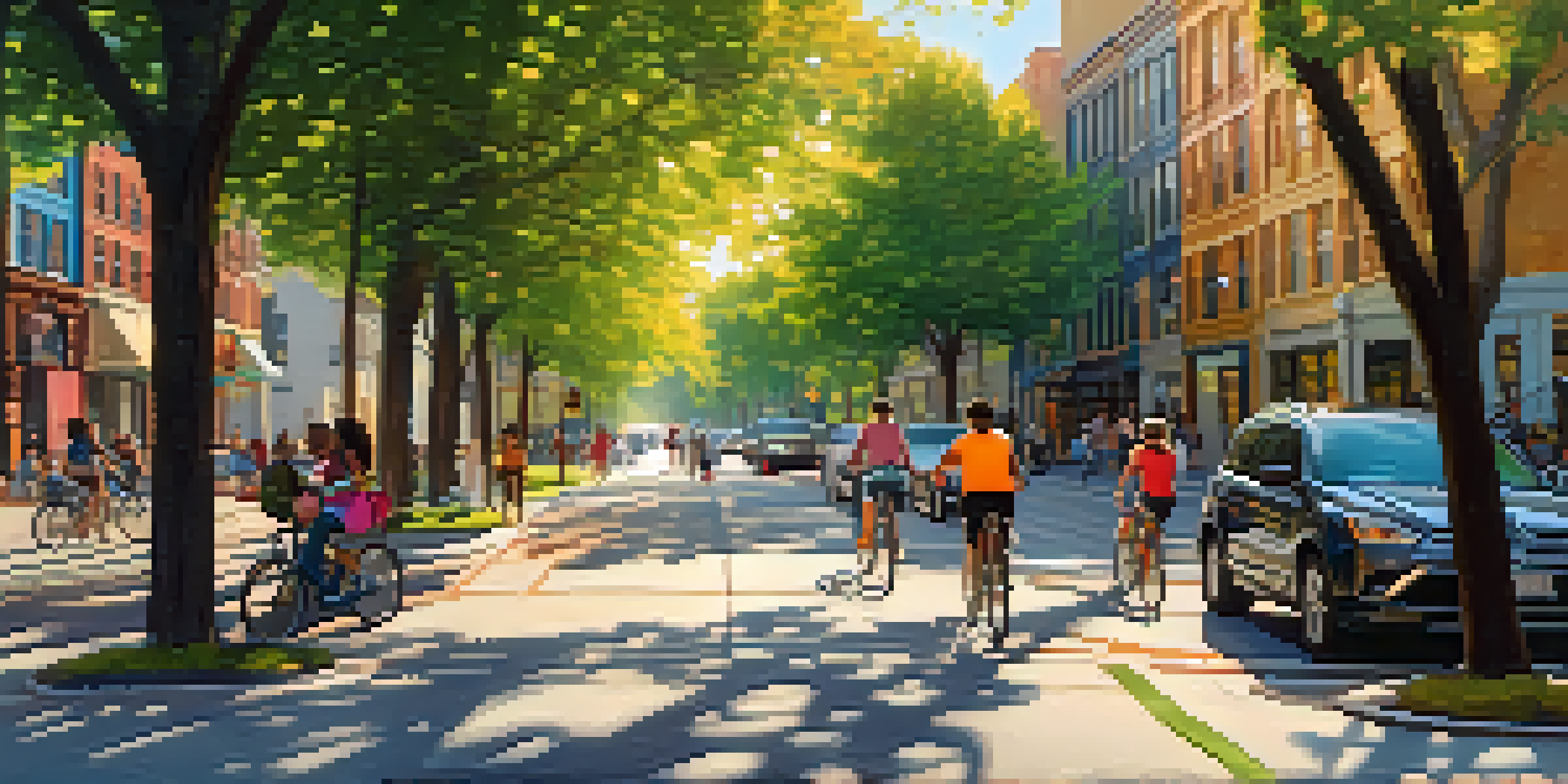 A busy urban area in Newark with a bike lane and pedestrians walking. Families and cyclists interact in a sunny environment filled with greenery and street art.