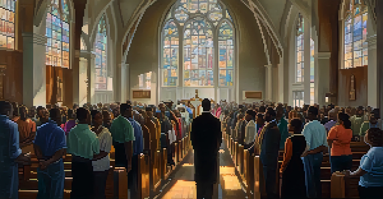 A gathering at a church during the Underground Railroad era, showcasing community members united in support, with sunlight streaming through stained glass windows.