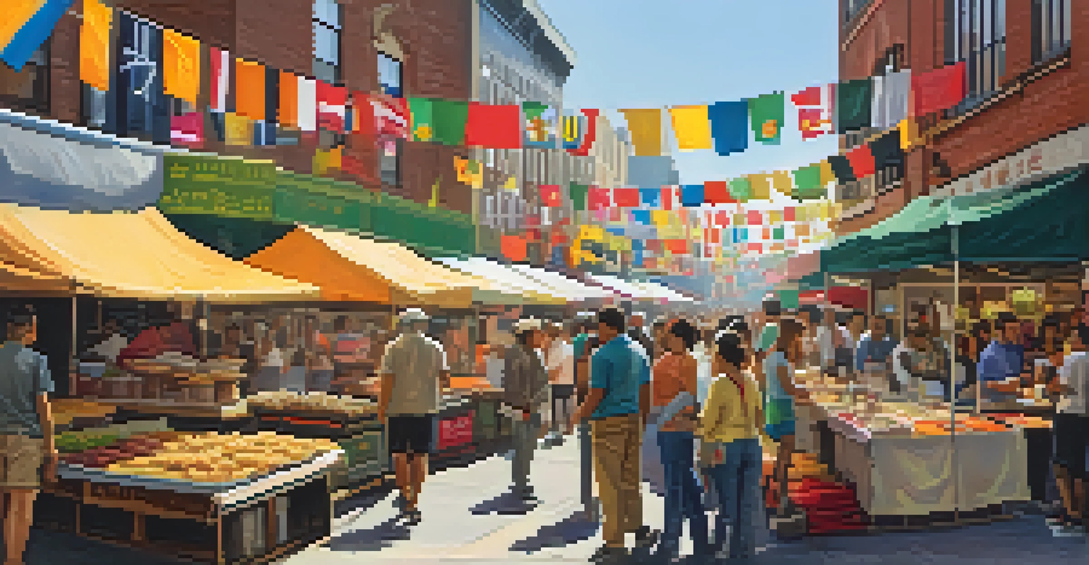 A bustling Newark street market with diverse food stalls and people enjoying international cuisines.