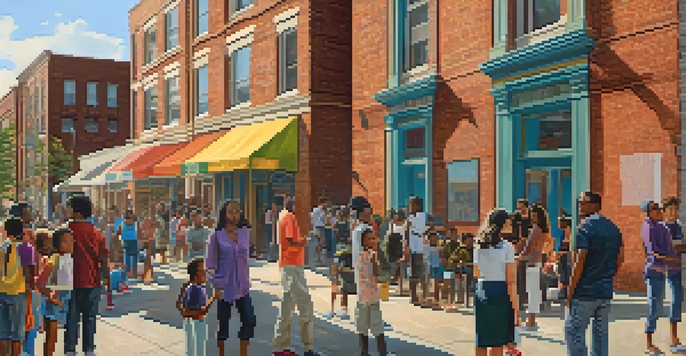 A street scene in Newark with diverse families outside a community center, discussing housing, set against a backdrop of new and old buildings with a colorful mural.