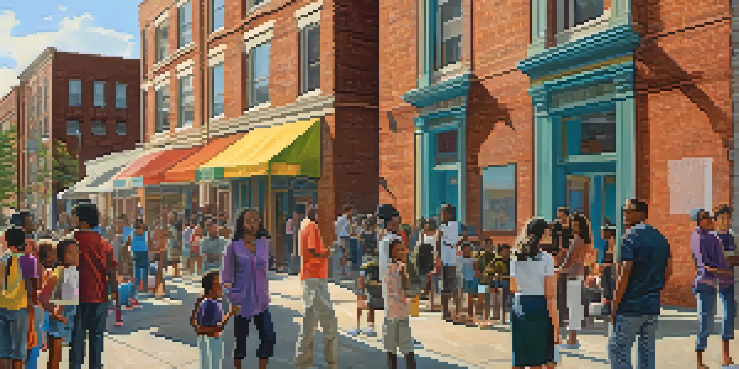 A street scene in Newark with diverse families outside a community center, discussing housing, set against a backdrop of new and old buildings with a colorful mural.