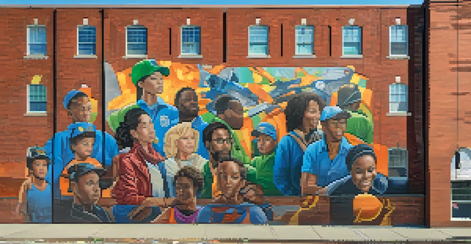 A colorful mural on a brick wall in Newark, featuring local heroes and social issues.