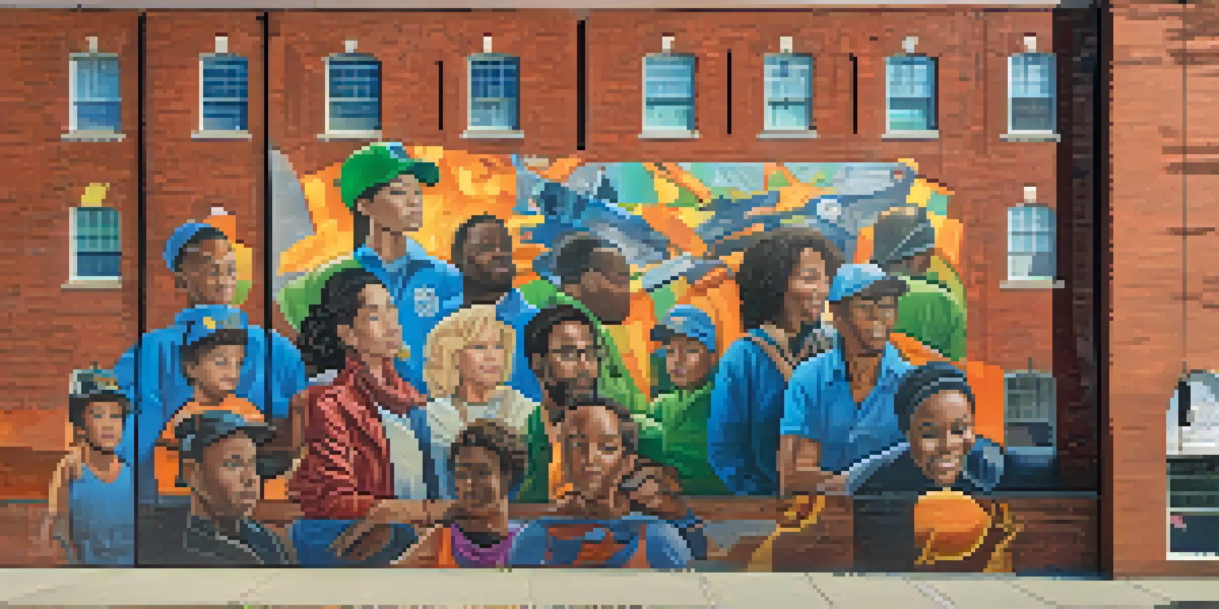 A colorful mural on a brick wall in Newark, featuring local heroes and social issues.