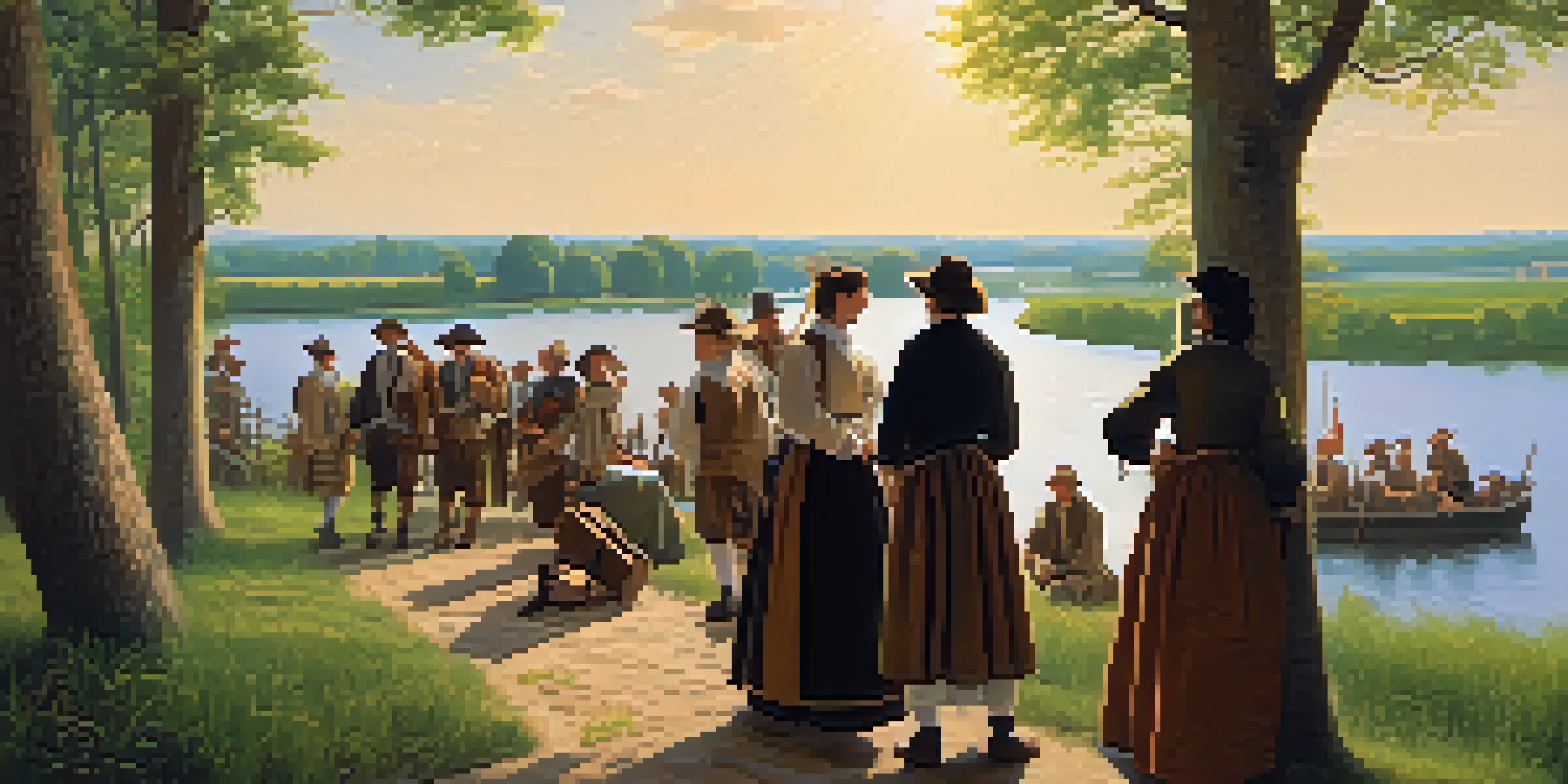 A group of Puritan settlers in colonial attire arriving by the Passaic River, surrounded by green fields and a bright sky.