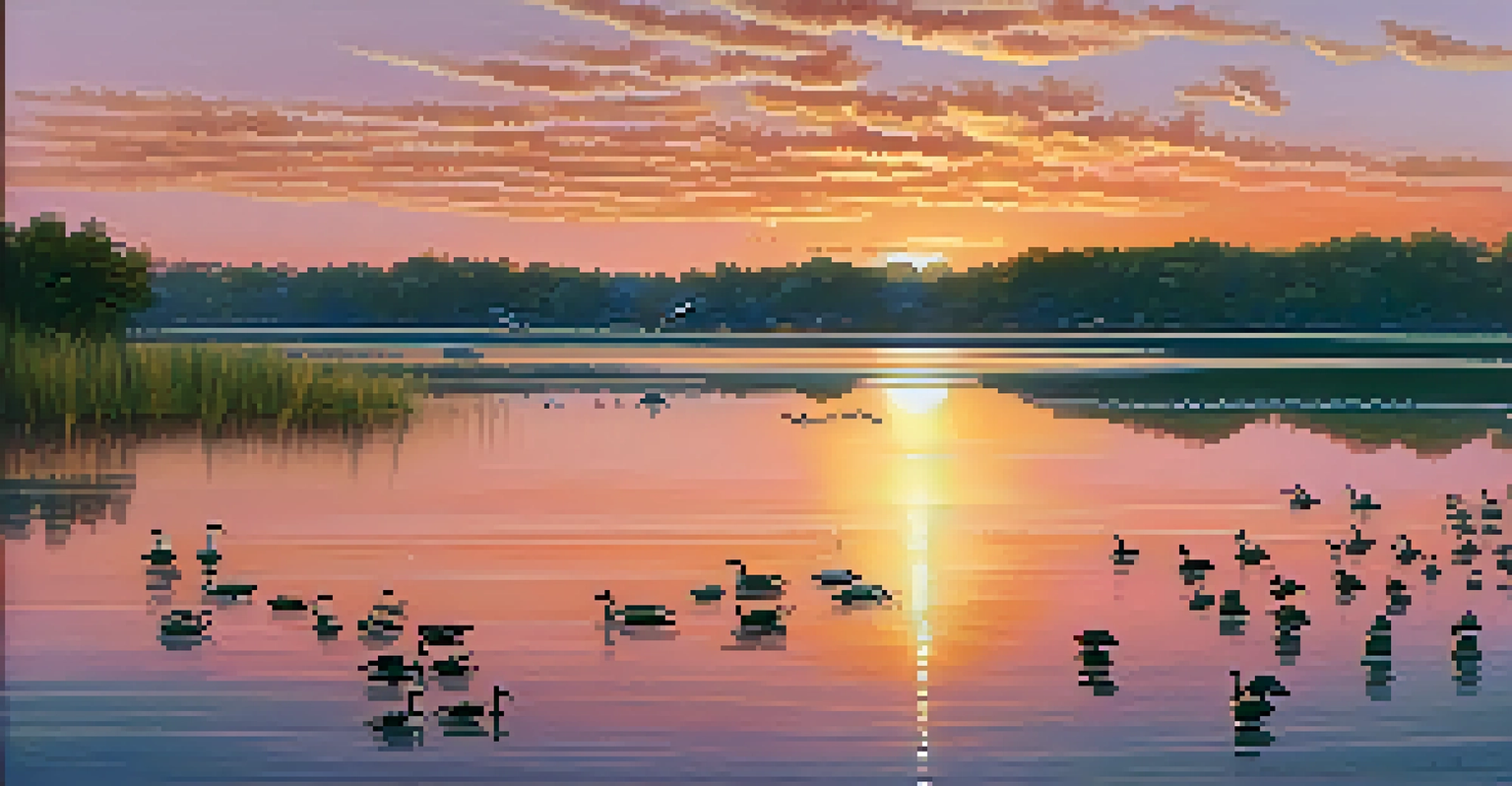 A scenic view of Newark Bay with migratory birds flying above, lush vegetation, and a sunset casting warm colors across the water.
