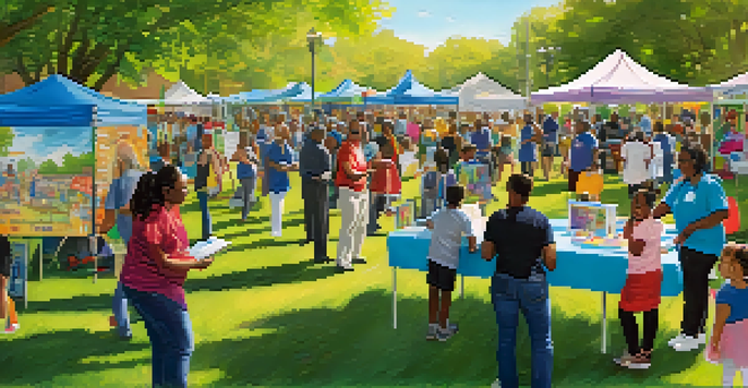 A community health fair in a Newark park with diverse families and health professionals engaging at booths.