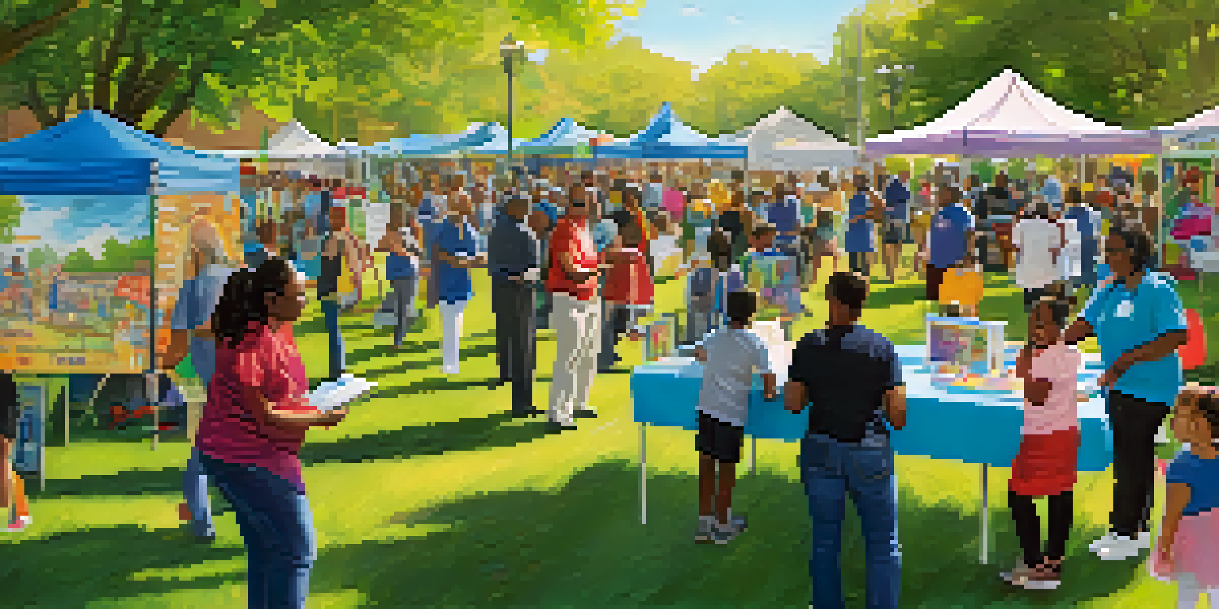 A community health fair in a Newark park with diverse families and health professionals engaging at booths.