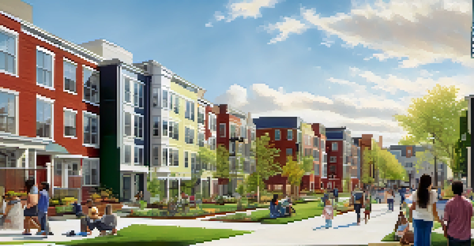 A visual representation of a mixed-income housing project in Newark, featuring families in a green space and a blend of architectural styles.