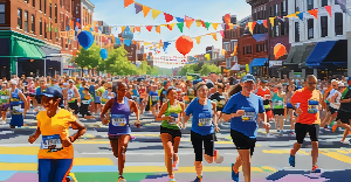 Runners crossing the finish line at the Newark Half Marathon, with spectators cheering and local food vendors along the route.