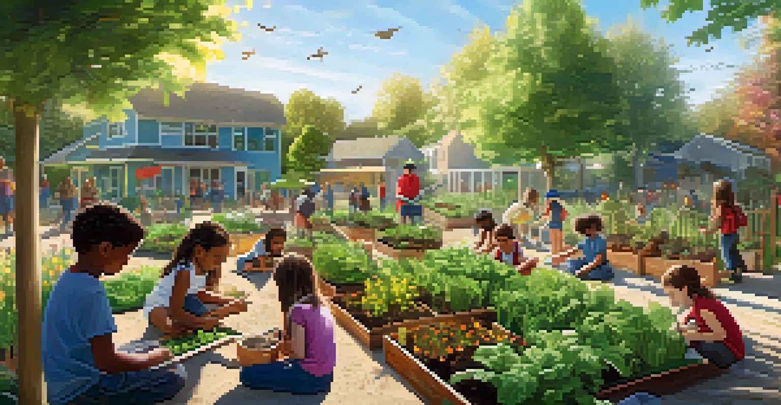 Children working in a community garden, planting flowers and vegetables, under a sunny sky.