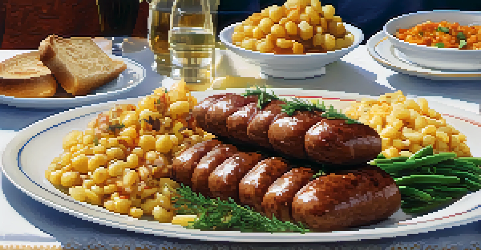 A close-up of Portuguese bacalhau and Italian sausage sandwiches on a plate, with a community gathering in the blurred background.