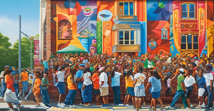 A colorful mural in Newark illustrating a community celebration with diverse individuals engaged in artistic activities under warm sunlight.