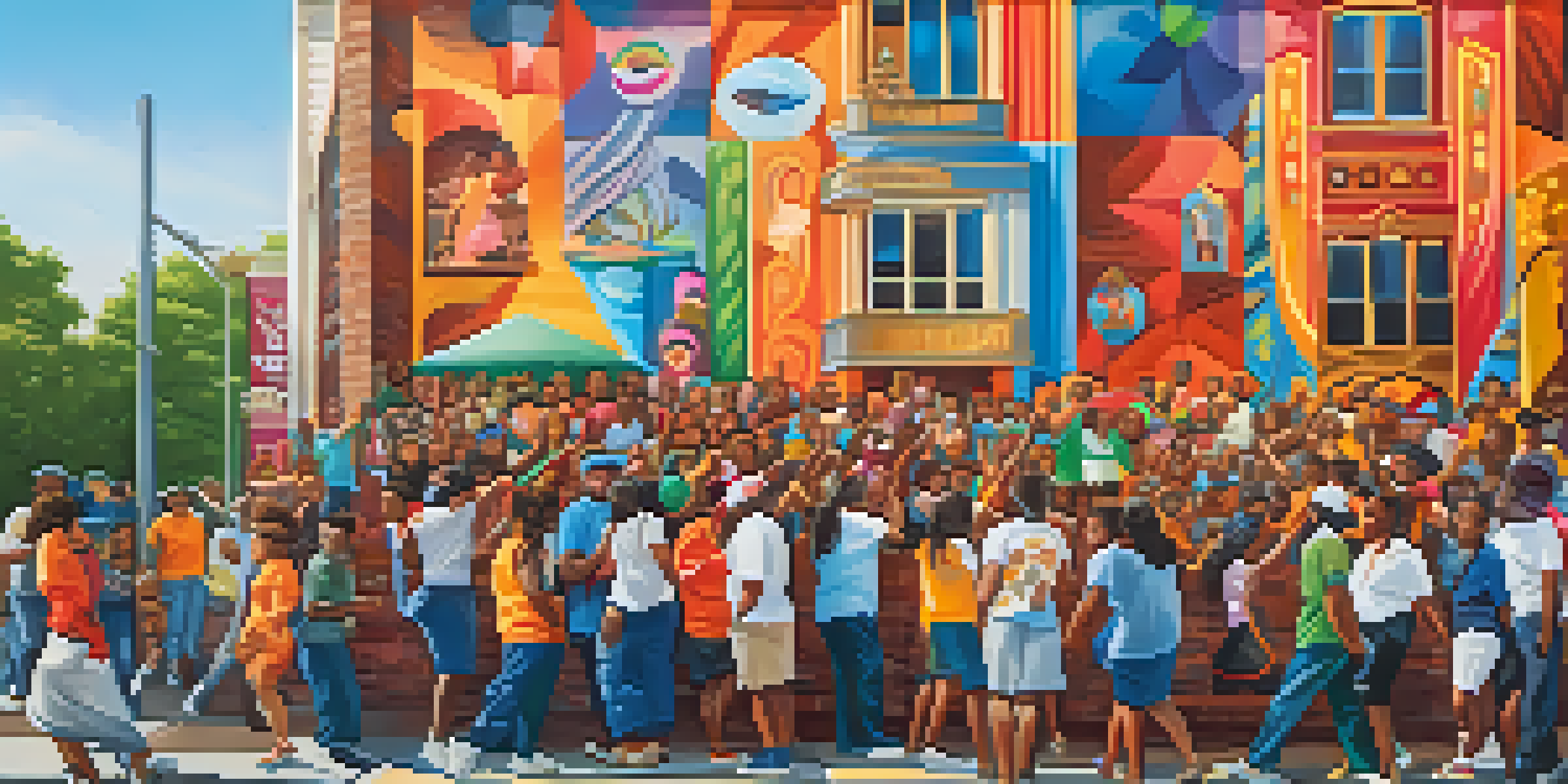 A colorful mural in Newark illustrating a community celebration with diverse individuals engaged in artistic activities under warm sunlight.