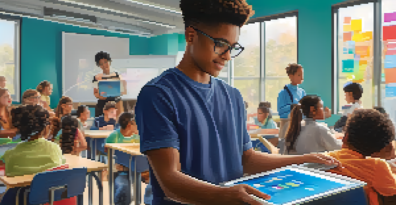 A student using a tablet in a modern classroom, surrounded by digital learning tools and an interactive smart board.