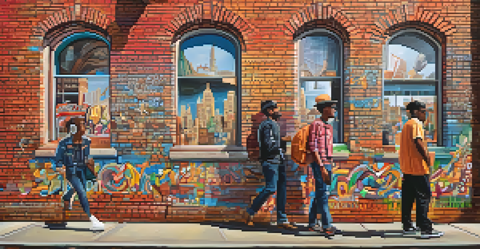 A colorful street art mural in Newark representing culture and creativity, with people admiring the artwork.