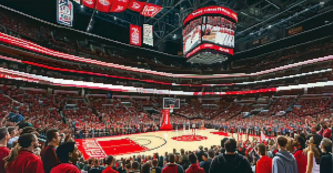 A lively basketball game in Newark's Prudential Center with fans cheering and players in action.