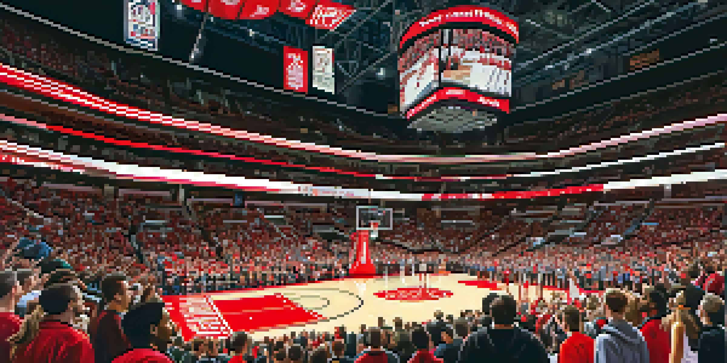 A lively basketball game in Newark's Prudential Center with fans cheering and players in action.
