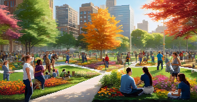 A community park in Newark with diverse people planting trees, surrounded by greenery and flowers, under warm sunlight.
