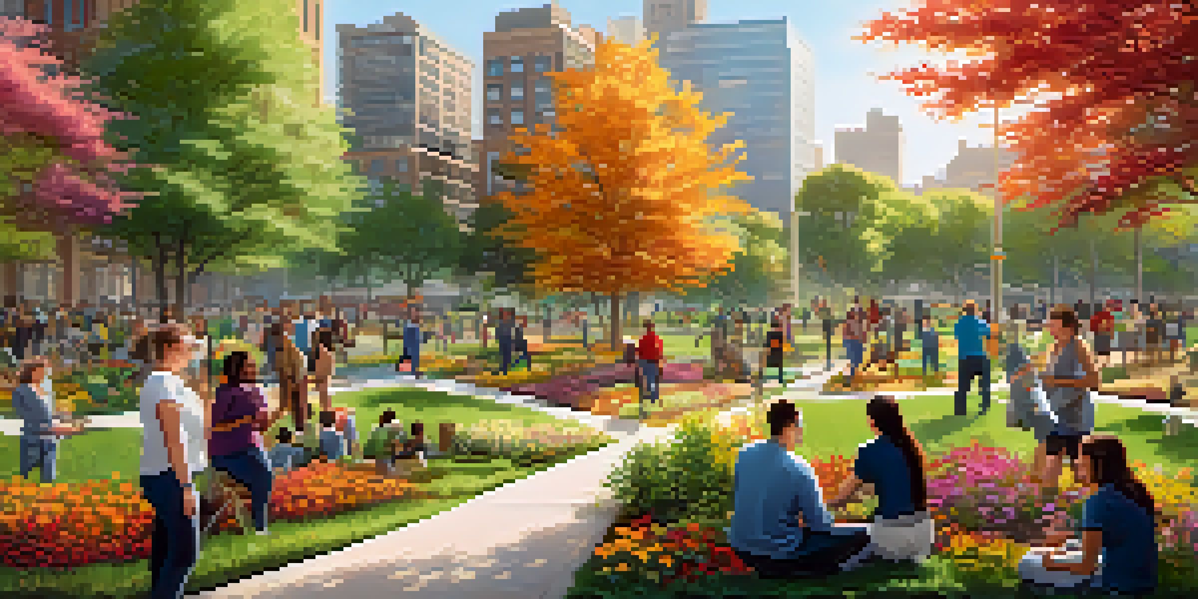A community park in Newark with diverse people planting trees, surrounded by greenery and flowers, under warm sunlight.