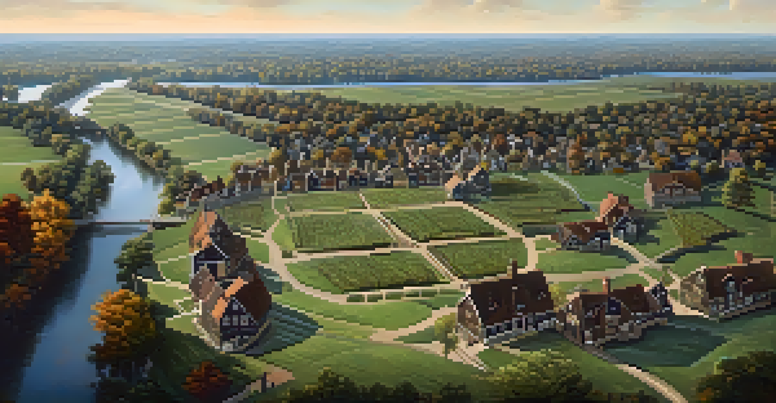 Aerial view of Newark in 1666, displaying wooden homes, farmland, and the Passaic River under golden sunlight.