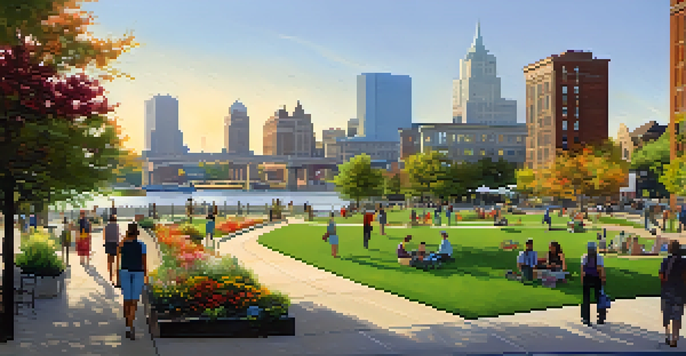 A lively urban park with people enjoying outdoor activities, surrounded by a mix of modern and historical buildings under sunny skies.