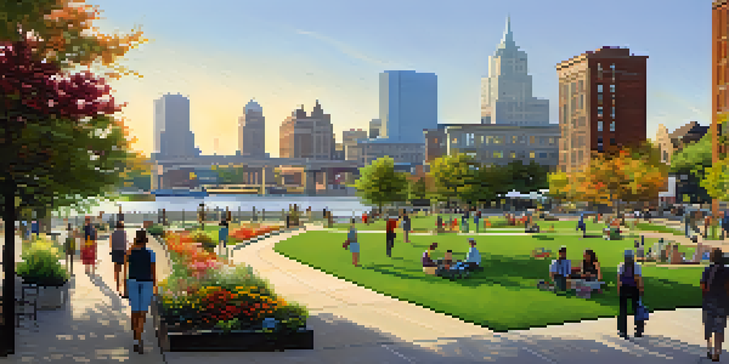 A lively urban park with people enjoying outdoor activities, surrounded by a mix of modern and historical buildings under sunny skies.