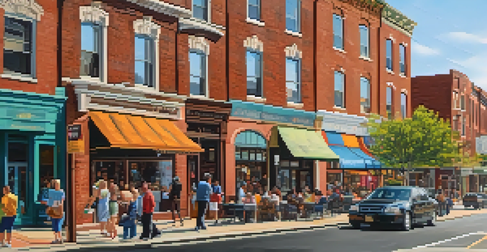 A lively street in Newark with diverse people, old brick buildings, and modern developments under warm afternoon sunlight.