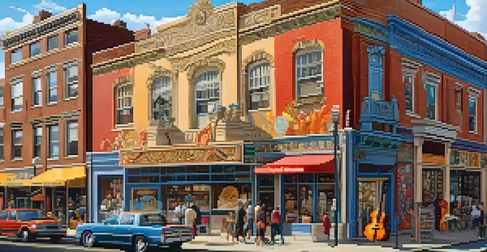 A colorful mural showcasing Newark's cultural heritage with musical instruments, food, and local landmarks under bright sunlight.