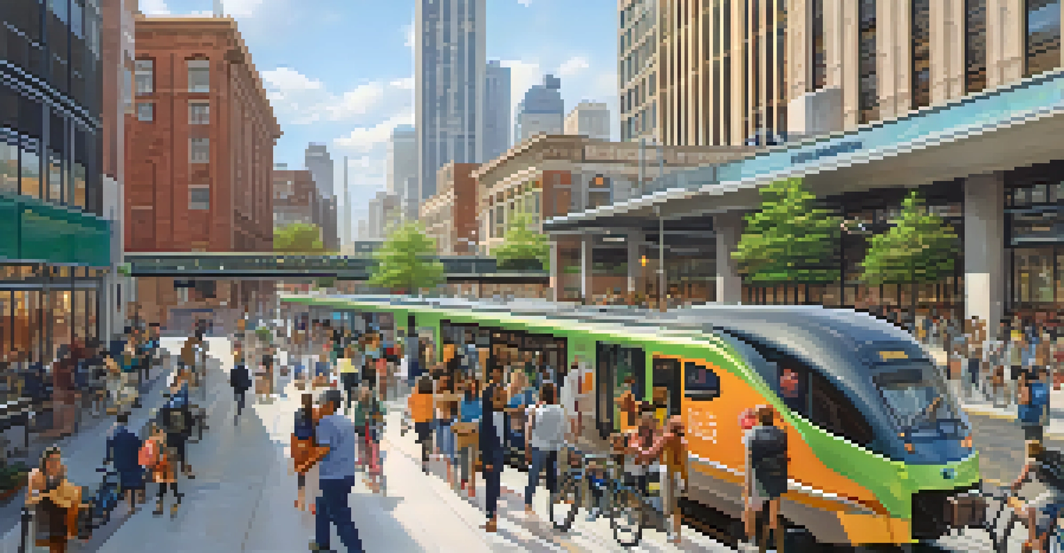 A vibrant Newark transportation hub showing a train station, bike-share bicycles, and people transitioning between different modes of transport, emphasizing connectivity.