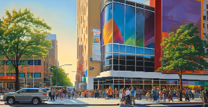 A lively scene in Newark featuring the New Jersey Performing Arts Center with diverse people gathered outside, colorful banners, and a sunset glow.