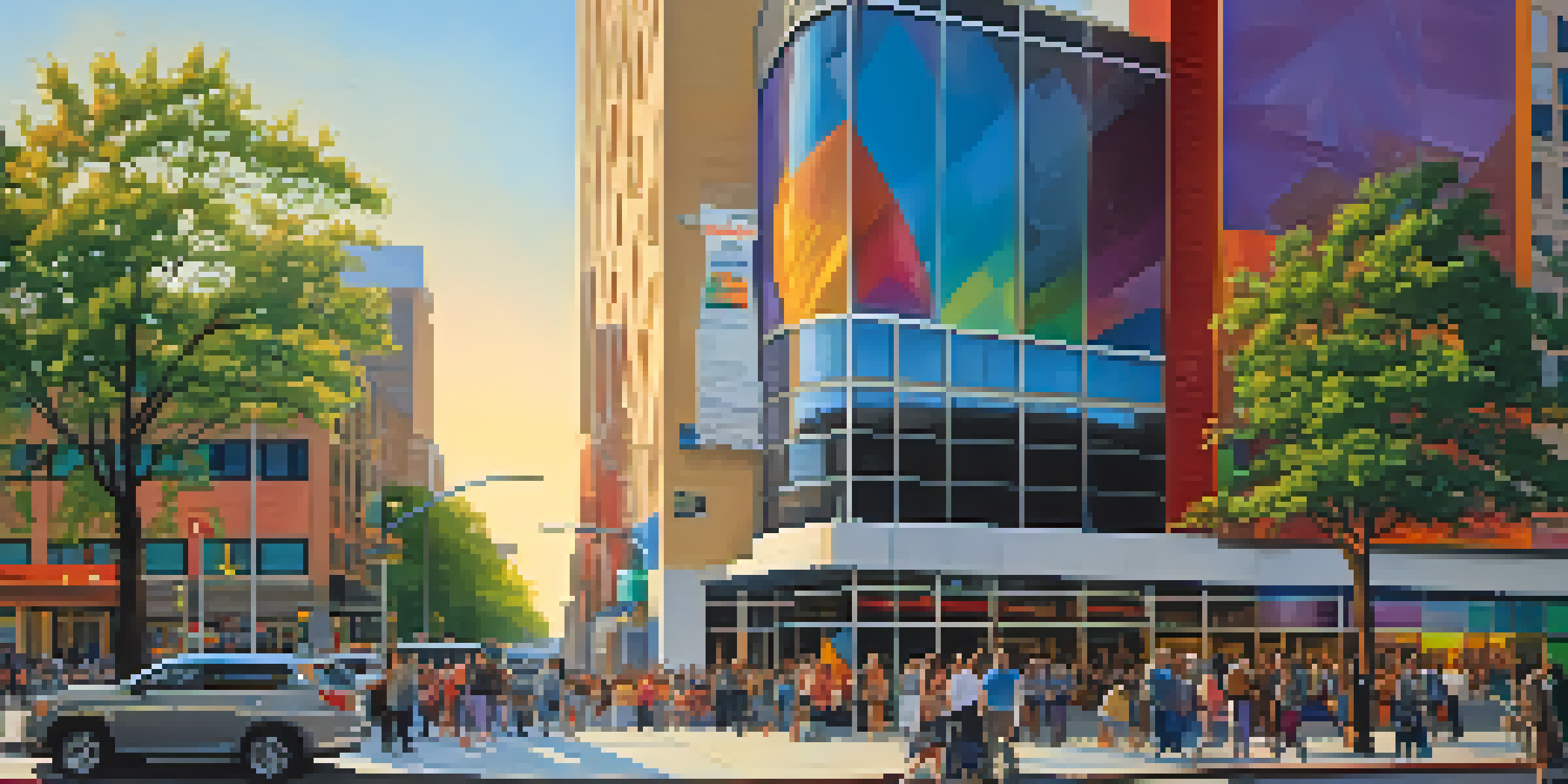 A lively scene in Newark featuring the New Jersey Performing Arts Center with diverse people gathered outside, colorful banners, and a sunset glow.