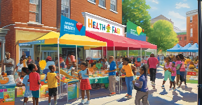 A lively community health fair in Newark with diverse groups of people interacting at colorful booths about health education.