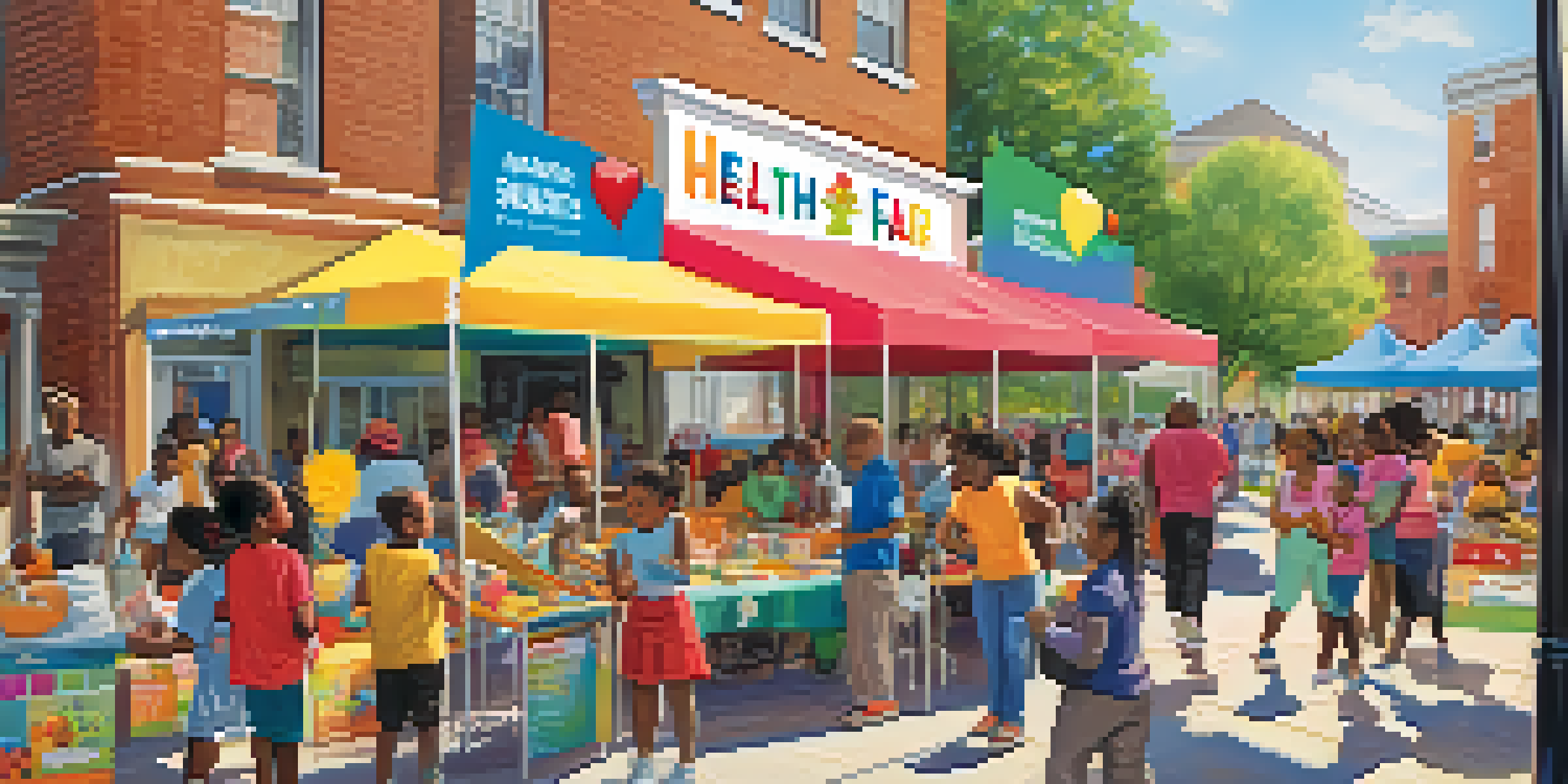 A lively community health fair in Newark with diverse groups of people interacting at colorful booths about health education.