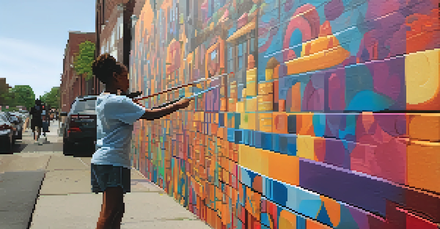A young artist working on a colorful mural on a city wall in Newark, showcasing the intricate designs and vibrant colors of the artwork.