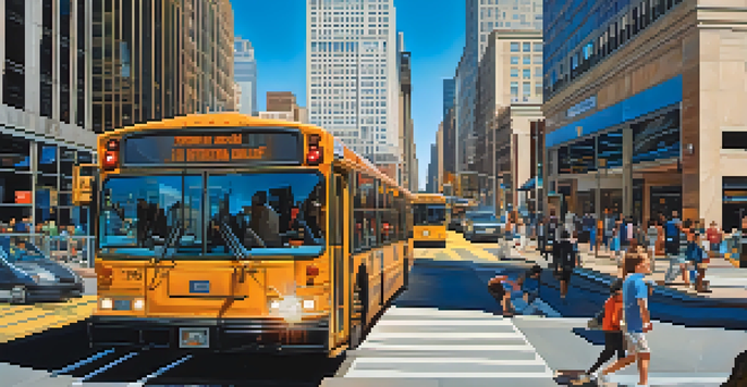 A busy street in Newark, New Jersey with public transportation options and commuters.
