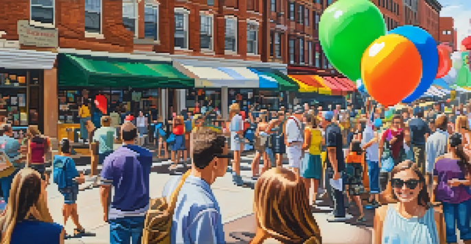 A lively street scene at the Newark Arts Festival with artists and attendees enjoying colorful artwork and performances under bright sunlight.