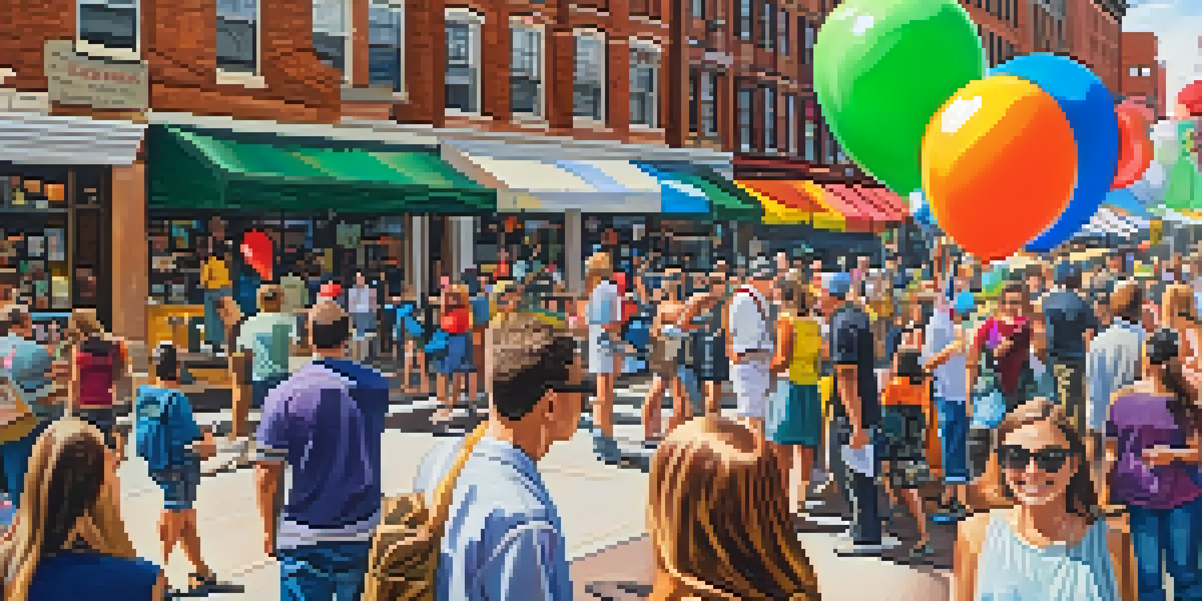 A lively street scene at the Newark Arts Festival with artists and attendees enjoying colorful artwork and performances under bright sunlight.
