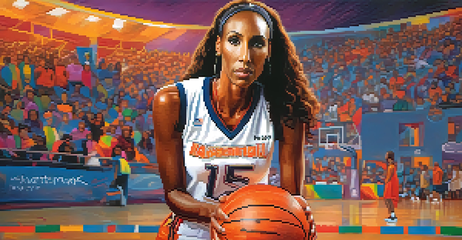Portrait of Lisa Leslie, a basketball icon, standing on a court in her team jersey with a basketball, displaying confidence and determination.