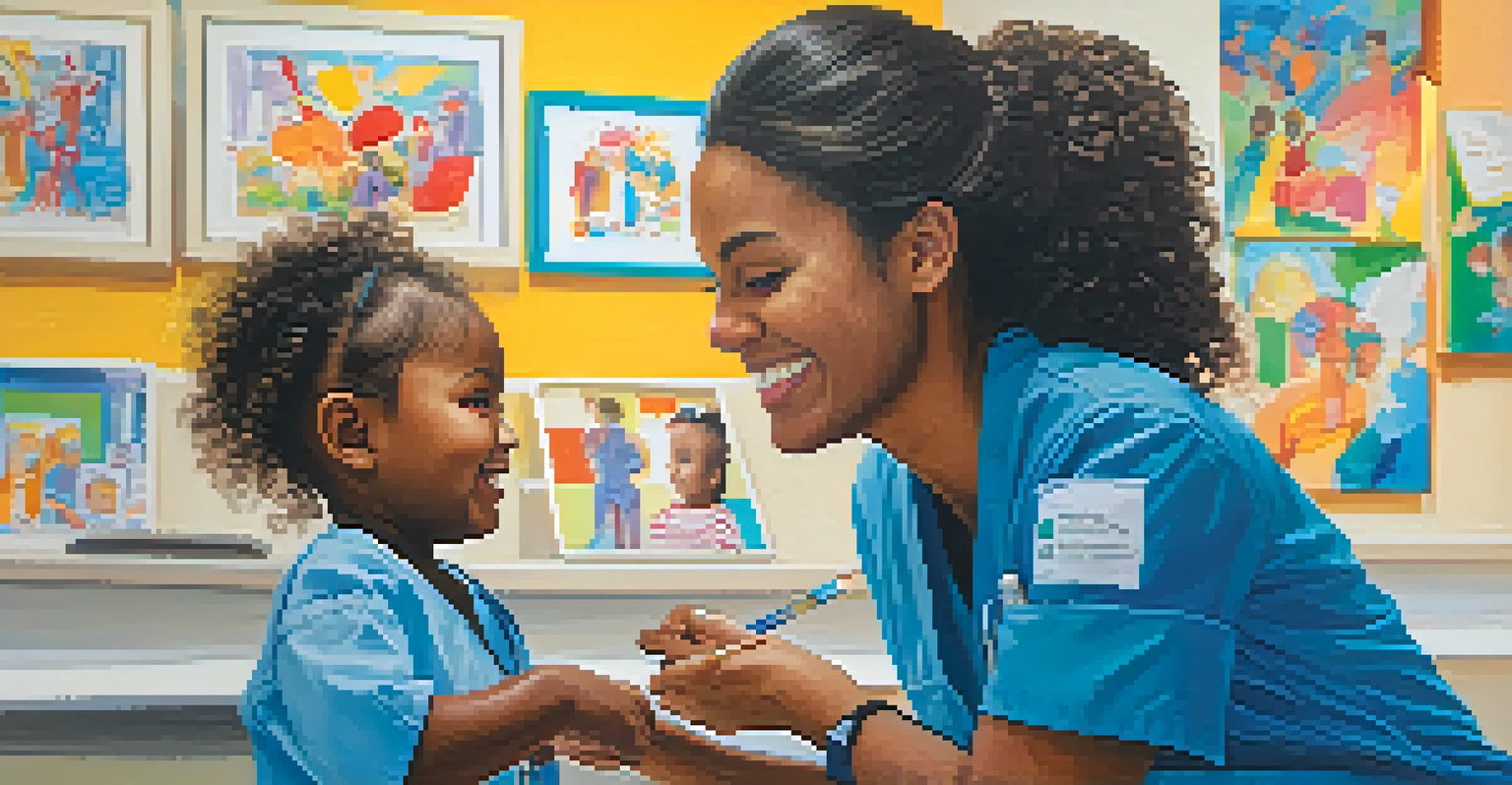 A healthcare worker smiling and interacting with a young child in a bright clinic room filled with children's artwork.
