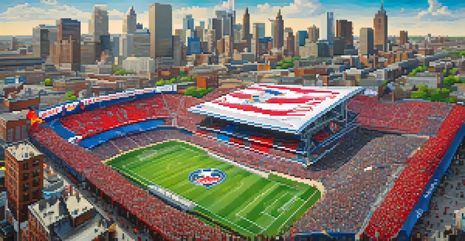 An aerial view of Newark with Red Bull Arena, fans heading to a game, and the city skyline.