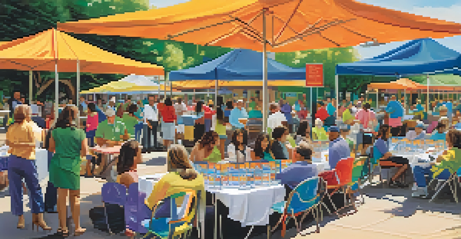 A community event for adult education programs, featuring tables with information and representatives engaging with attendees in an outdoor setting.