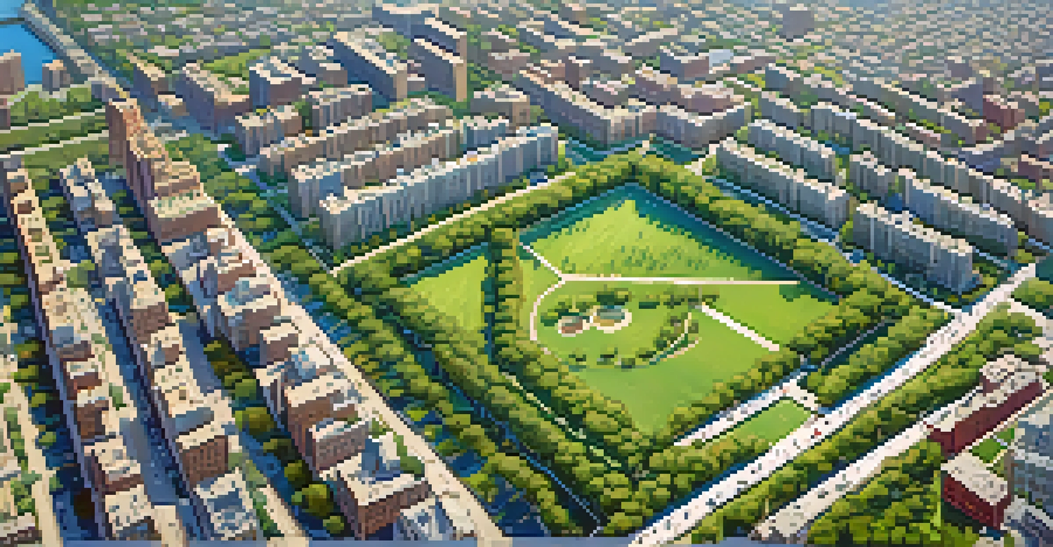 An aerial view of Newark showing a mix of urban development and green spaces, with parks, residential areas, and a clear blue sky.